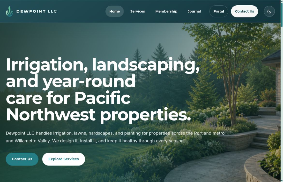 Public Dewpoint LLC website homepage, with a landscaped Pacific Northwest garden.