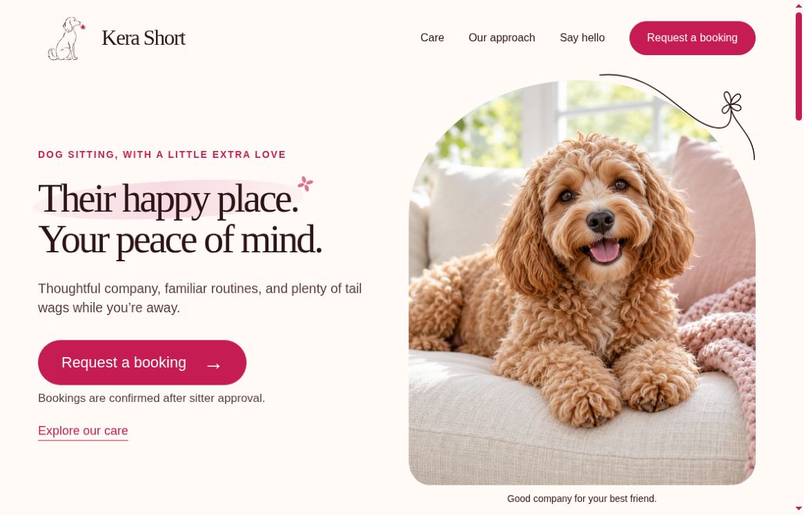 Kera Short public website homepage, with a dog-care introduction and a dog in a grassy field.